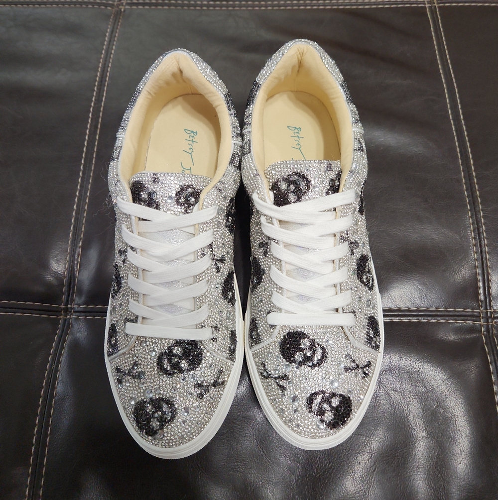 Betsey Johnson Silver Crystal Sneakers with Black Skull Accents